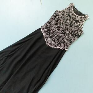 Jkara Black White Beaded Bust Sleeveless Formal Ankle Fit Flare Dress Size 6